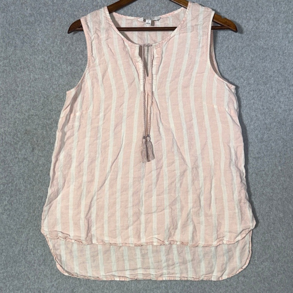 Ellen Tracy Pink Linen Striped Tank Large Coastal Grandma Tassel Top